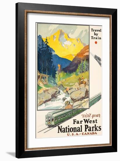 Poster adverting train travel to National Parks. Printed by Newman-Monroe Co., Chicago, ca. 1930-null-Framed Giclee Print