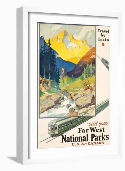 Poster adverting train travel to National Parks. Printed by Newman-Monroe Co., Chicago, ca. 1930-null-Framed Giclee Print