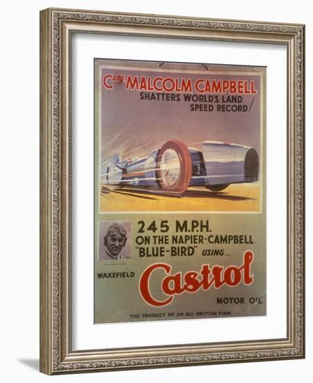 Poster Advertising Castrol Oil, Featuring Bluebird and Malcolm Campbell, Early 1930s-null-Framed Giclee Print