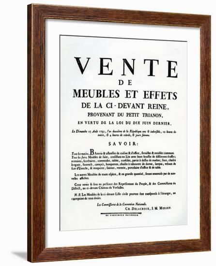 Poster Advertising the Sale of Marie-Antoinette's Furniture and Effects on the 25th August, 1793-null-Framed Giclee Print