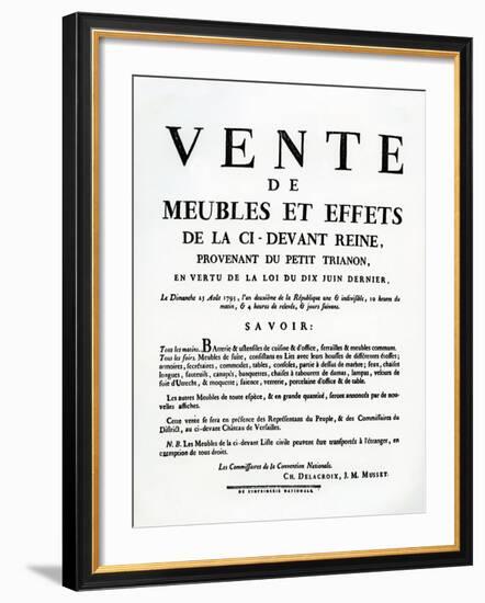 Poster Advertising the Sale of Marie-Antoinette's Furniture and Effects on the 25th August, 1793-null-Framed Giclee Print