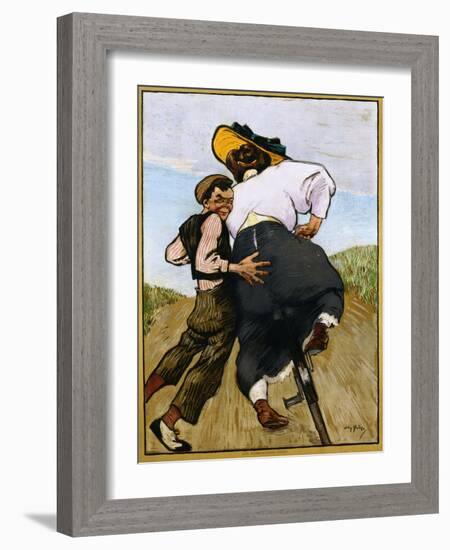 Poster Depicting a Man Helping a Female Cyclist by Willy Sluiter-null-Framed Giclee Print