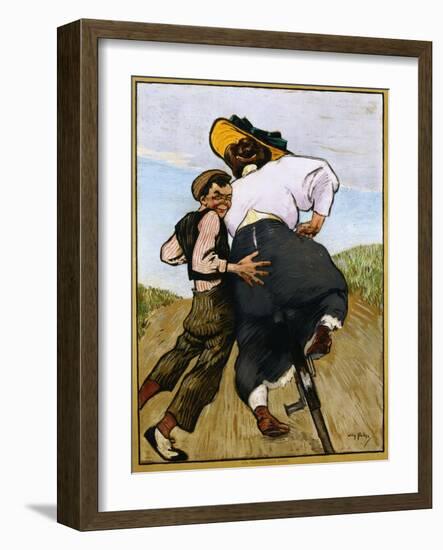 Poster Depicting a Man Helping a Female Cyclist by Willy Sluiter-null-Framed Giclee Print