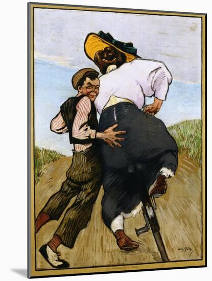 Poster Depicting a Man Helping a Female Cyclist by Willy Sluiter-null-Mounted Giclee Print