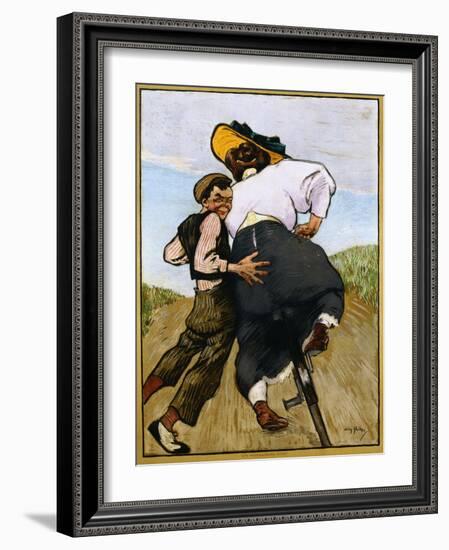 Poster Depicting a Man Helping a Female Cyclist by Willy Sluiter-null-Framed Giclee Print