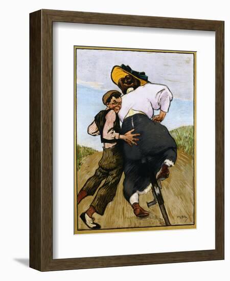 Poster Depicting a Man Helping a Female Cyclist by Willy Sluiter-null-Framed Giclee Print