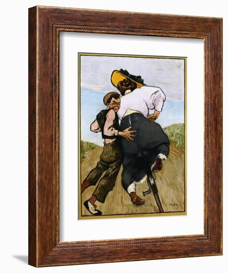 Poster Depicting a Man Helping a Female Cyclist by Willy Sluiter-null-Framed Giclee Print