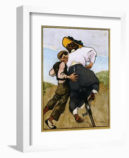 Poster Depicting a Man Helping a Female Cyclist by Willy Sluiter--Framed Giclee Print