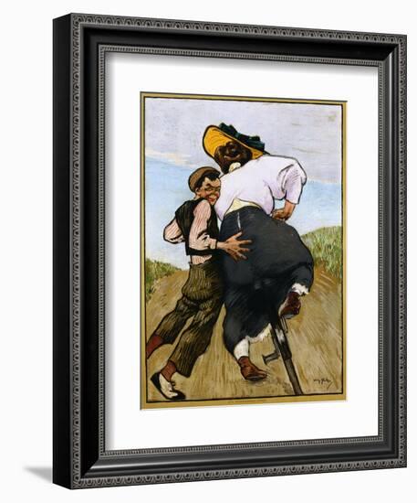 Poster Depicting a Man Helping a Female Cyclist by Willy Sluiter-null-Framed Giclee Print