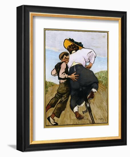 Poster Depicting a Man Helping a Female Cyclist by Willy Sluiter-null-Framed Giclee Print