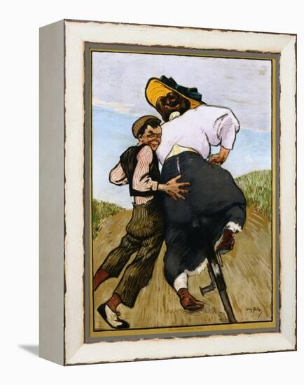 Poster Depicting a Man Helping a Female Cyclist by Willy Sluiter-null-Framed Premier Image Canvas