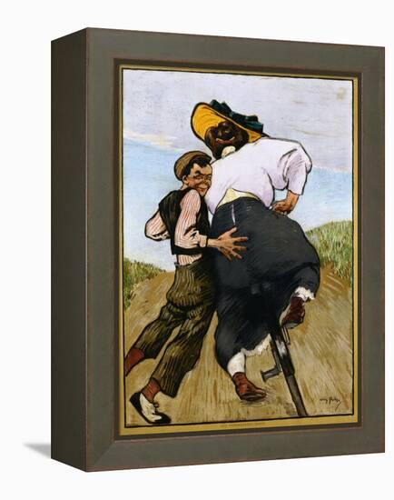 Poster Depicting a Man Helping a Female Cyclist by Willy Sluiter-null-Framed Premier Image Canvas