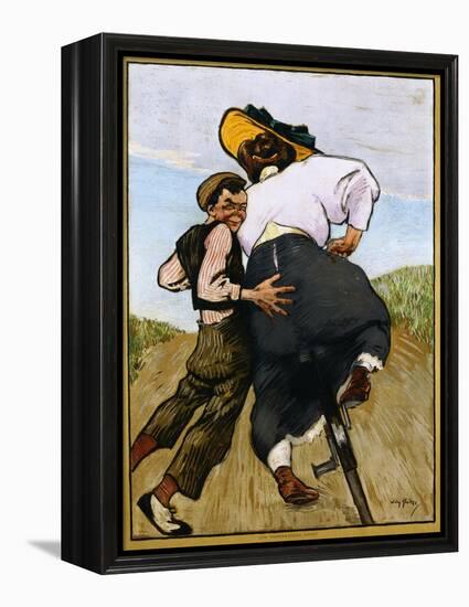 Poster Depicting a Man Helping a Female Cyclist by Willy Sluiter-null-Framed Premier Image Canvas