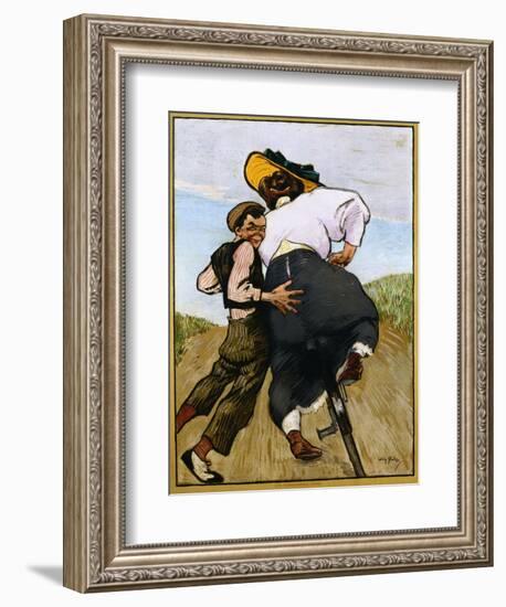 Poster Depicting a Man Helping a Female Cyclist by Willy Sluiter-null-Framed Premium Giclee Print