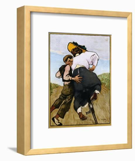 Poster Depicting a Man Helping a Female Cyclist by Willy Sluiter-null-Framed Premium Giclee Print