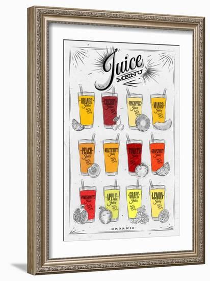 Poster Juice Menu with Glasses of Different Juices Drawing on Background of Dirty Paper-anna42f-Framed Art Print