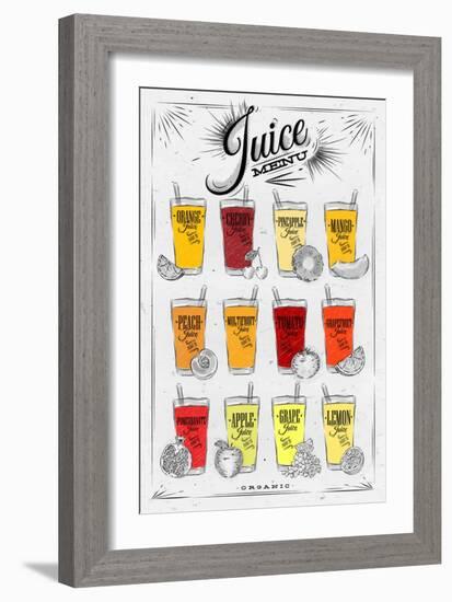 Poster Juice Menu with Glasses of Different Juices Drawing on Background of Dirty Paper-anna42f-Framed Art Print