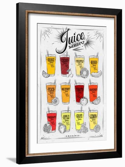 Poster Juice Menu with Glasses of Different Juices Drawing on Background of Dirty Paper-anna42f-Framed Art Print