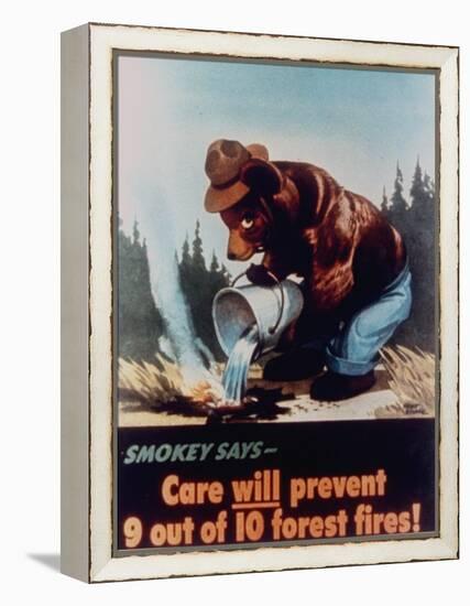 Poster of Smokey the Bear Putting Out a Forest Fire, "Care Will Prevent 9 Out of 10 Forest Fires!"-null-Framed Premier Image Canvas
