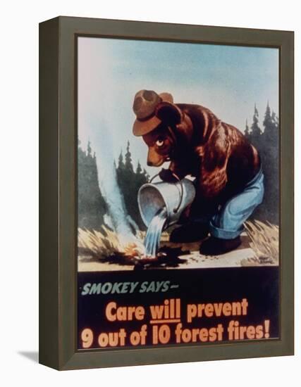 Poster of Smokey the Bear Putting Out a Forest Fire, "Care Will Prevent 9 Out of 10 Forest Fires!"-null-Framed Premier Image Canvas