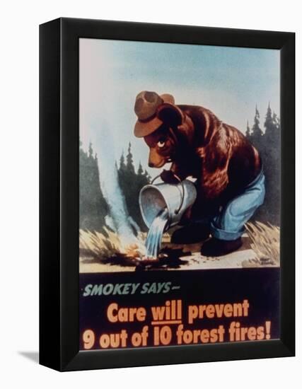 Poster of Smokey the Bear Putting Out a Forest Fire, "Care Will Prevent 9 Out of 10 Forest Fires!"-null-Framed Premier Image Canvas