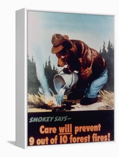 Poster of Smokey the Bear Putting Out a Forest Fire, "Care Will Prevent 9 Out of 10 Forest Fires!"-null-Framed Premier Image Canvas