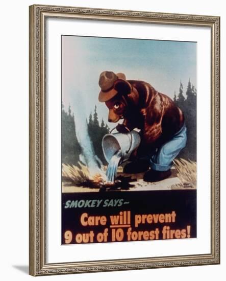 Poster of Smokey the Bear Putting Out a Forest Fire, "Care Will Prevent 9 Out of 10 Forest Fires!"-null-Framed Premium Photographic Print