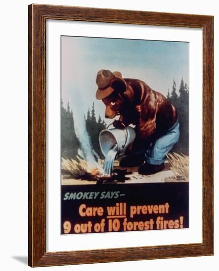 Poster of Smokey the Bear Putting Out a Forest Fire, "Care Will Prevent 9 Out of 10 Forest Fires!"-null-Framed Premium Photographic Print