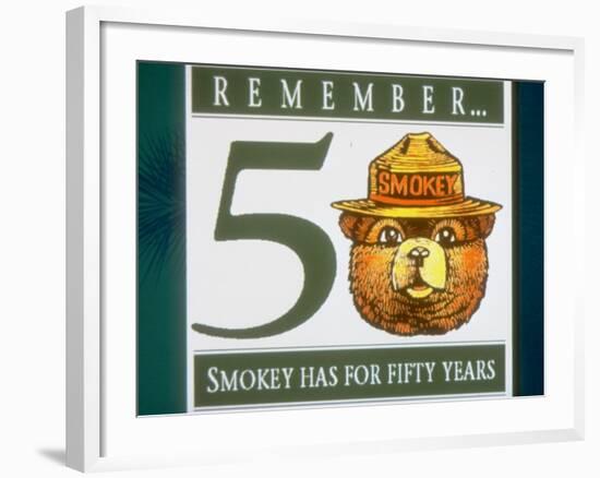 Poster of Smokey the Bear with Caption Reading Remember - 50 - Smokey Has for Fifty Years-null-Framed Premium Photographic Print