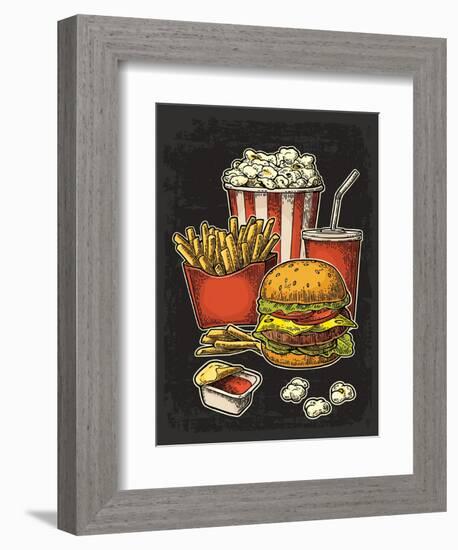 Poster with Fast Food. Cup Cola, Hamburger, Hotdog, Fry Potato in Red Paper Box, Carton Bucket Popc-MoreVector-Framed Premium Giclee Print