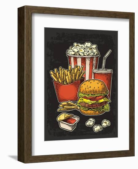Poster with Fast Food. Cup Cola, Hamburger, Hotdog, Fry Potato in Red Paper Box, Carton Bucket Popc-MoreVector-Framed Premium Giclee Print