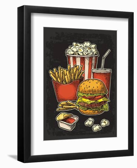 Poster with Fast Food. Cup Cola, Hamburger, Hotdog, Fry Potato in Red Paper Box, Carton Bucket Popc-MoreVector-Framed Premium Giclee Print