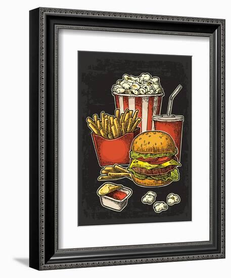 Poster with Fast Food. Cup Cola, Hamburger, Hotdog, Fry Potato in Red Paper Box, Carton Bucket Popc-MoreVector-Framed Premium Giclee Print