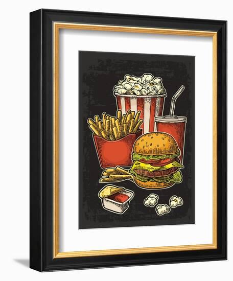 Poster with Fast Food. Cup Cola, Hamburger, Hotdog, Fry Potato in Red Paper Box, Carton Bucket Popc-MoreVector-Framed Premium Giclee Print