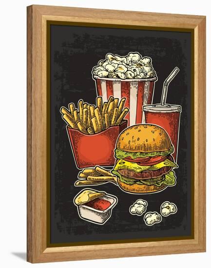 Poster with Fast Food. Cup Cola, Hamburger, Hotdog, Fry Potato in Red Paper Box, Carton Bucket Popc-MoreVector-Framed Stretched Canvas