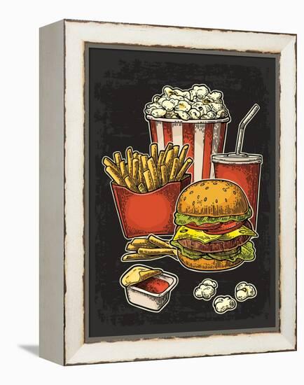 Poster with Fast Food. Cup Cola, Hamburger, Hotdog, Fry Potato in Red Paper Box, Carton Bucket Popc-MoreVector-Framed Stretched Canvas