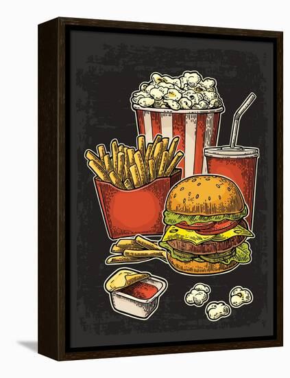 Poster with Fast Food. Cup Cola, Hamburger, Hotdog, Fry Potato in Red Paper Box, Carton Bucket Popc-MoreVector-Framed Stretched Canvas