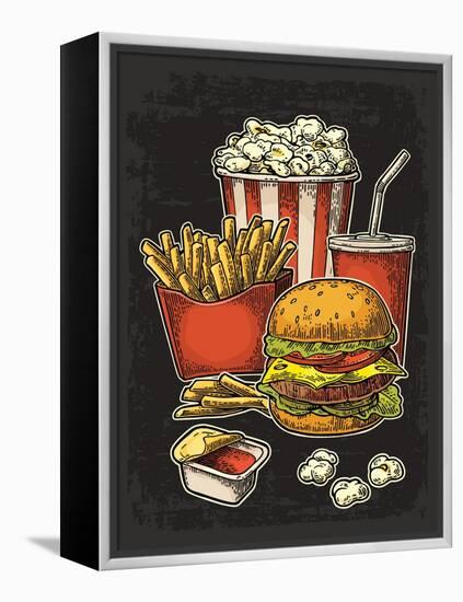 Poster with Fast Food. Cup Cola, Hamburger, Hotdog, Fry Potato in Red Paper Box, Carton Bucket Popc-MoreVector-Framed Stretched Canvas