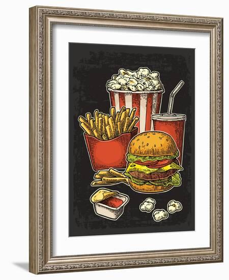 Poster with Fast Food. Cup Cola, Hamburger, Hotdog, Fry Potato in Red Paper Box, Carton Bucket Popc-MoreVector-Framed Art Print