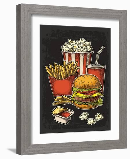 Poster with Fast Food. Cup Cola, Hamburger, Hotdog, Fry Potato in Red Paper Box, Carton Bucket Popc-MoreVector-Framed Art Print