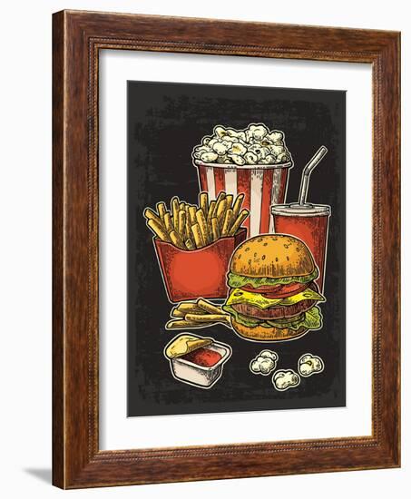 Poster with Fast Food. Cup Cola, Hamburger, Hotdog, Fry Potato in Red Paper Box, Carton Bucket Popc-MoreVector-Framed Art Print