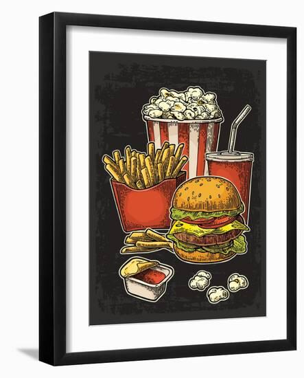 Poster with Fast Food. Cup Cola, Hamburger, Hotdog, Fry Potato in Red Paper Box, Carton Bucket Popc-MoreVector-Framed Art Print