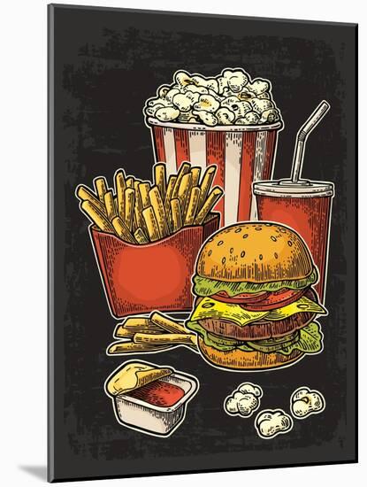 Poster with Fast Food. Cup Cola, Hamburger, Hotdog, Fry Potato in Red Paper Box, Carton Bucket Popc-MoreVector-Mounted Art Print