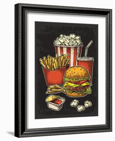 Poster with Fast Food. Cup Cola, Hamburger, Hotdog, Fry Potato in Red Paper Box, Carton Bucket Popc-MoreVector-Framed Art Print