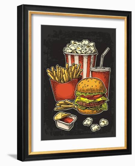 Poster with Fast Food. Cup Cola, Hamburger, Hotdog, Fry Potato in Red Paper Box, Carton Bucket Popc-MoreVector-Framed Art Print