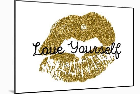 Poster with Gold Glitter Lips Prints on White Background.-Olga Rom-Mounted Art Print