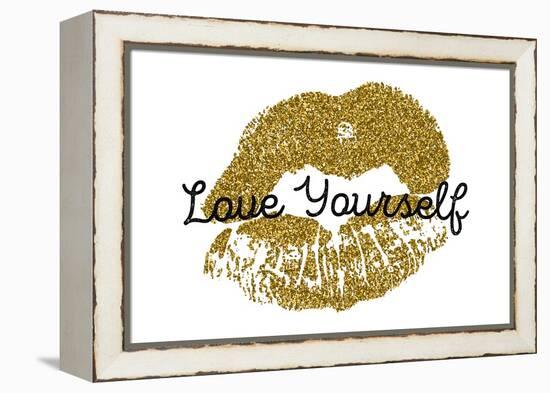 Poster with Gold Glitter Lips Prints on White Background.-Olga Rom-Framed Stretched Canvas