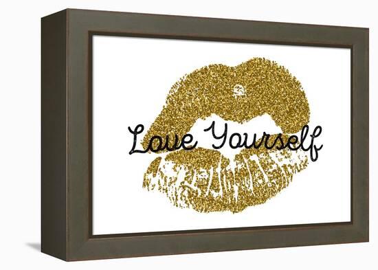 Poster with Gold Glitter Lips Prints on White Background.-Olga Rom-Framed Stretched Canvas