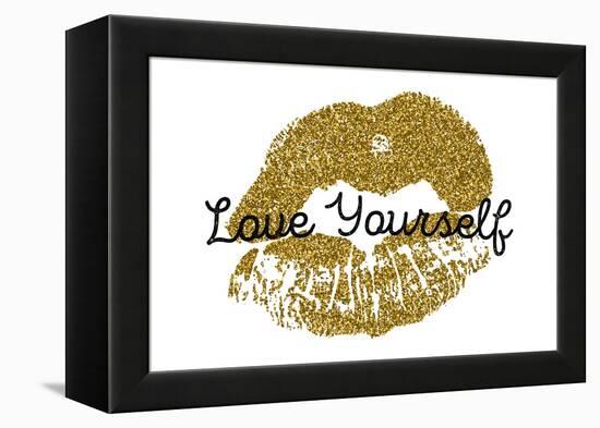 Poster with Gold Glitter Lips Prints on White Background.-Olga Rom-Framed Stretched Canvas