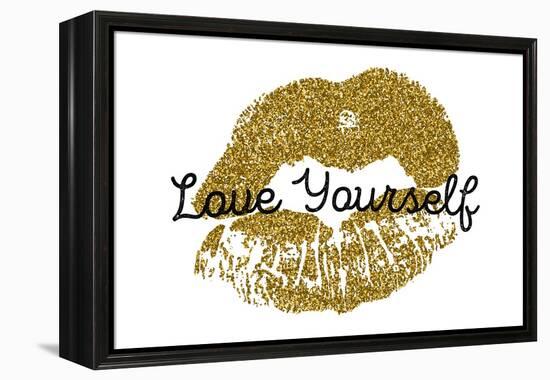 Poster with Gold Glitter Lips Prints on White Background.-Olga Rom-Framed Stretched Canvas